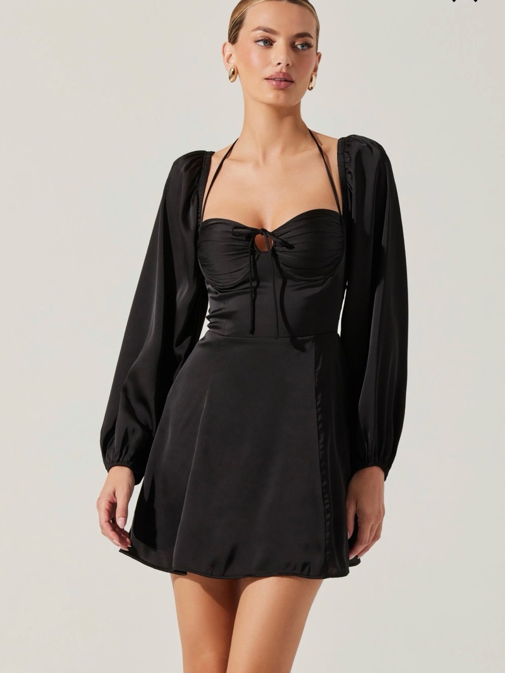 NWT ASTR The Label Black Puff Sleeve Mini Dress Halter Bustier Smocked Back S